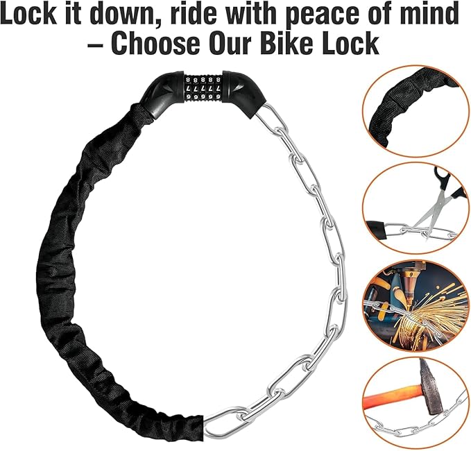 Bike Chain Lock 5 Digit Combination, Heavy Duty 4ft Resettable Anti-Theft Bicycle Chain Lock with Protective Sleeve & Dust Cover for Adult Bikes, E-Bikes, Scooters, Motorcycle, Gates & Fences