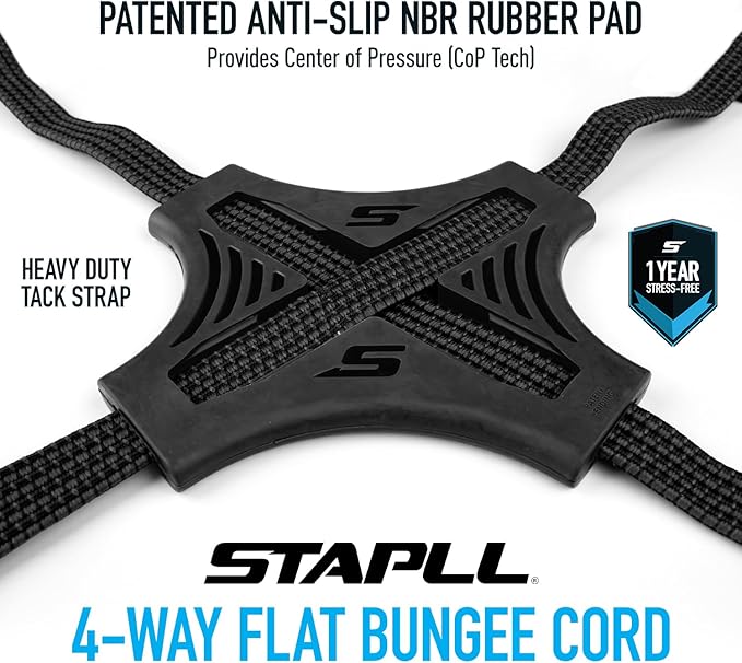 Tack Strap – 4-Way Flat Bungee Cord with Rubber Pad Grip, Non-Slip Tie Down Straps for Motorcycle, ATV, Kayak, Cycling, Camping, Truck Storage, Adjustable Bungee Cords - 2 Pack (Black)