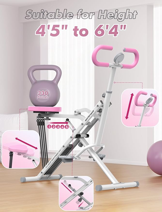 Sportsroyals Pink Squat Machine Rowing Machine for Home 2 in 1 Rower & Squat Assist Workout Foldable Rower for Home Full Body Worikout Adjustable 4 Resistance Bands 330lbs