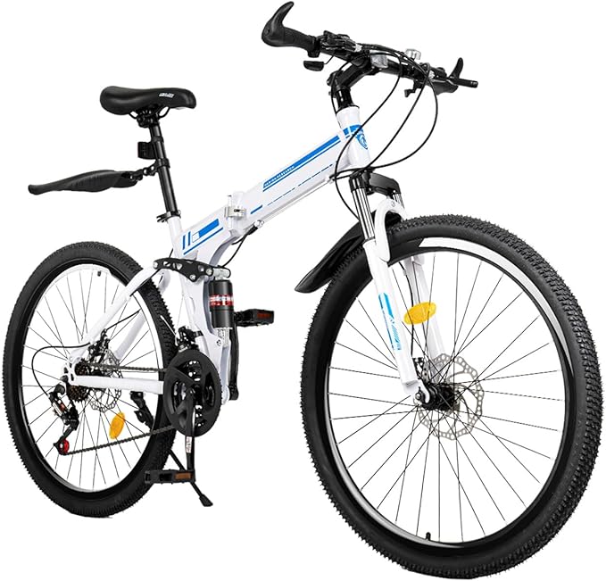 DHBREK Adult Folding Bikes 26'' Mountain Bikes 21 Speeds Mountain Bicycles Mountain Bike for Adults with Dual Disc Brake/High-Carbon Steel Folding Bicycle for Women Men Adults