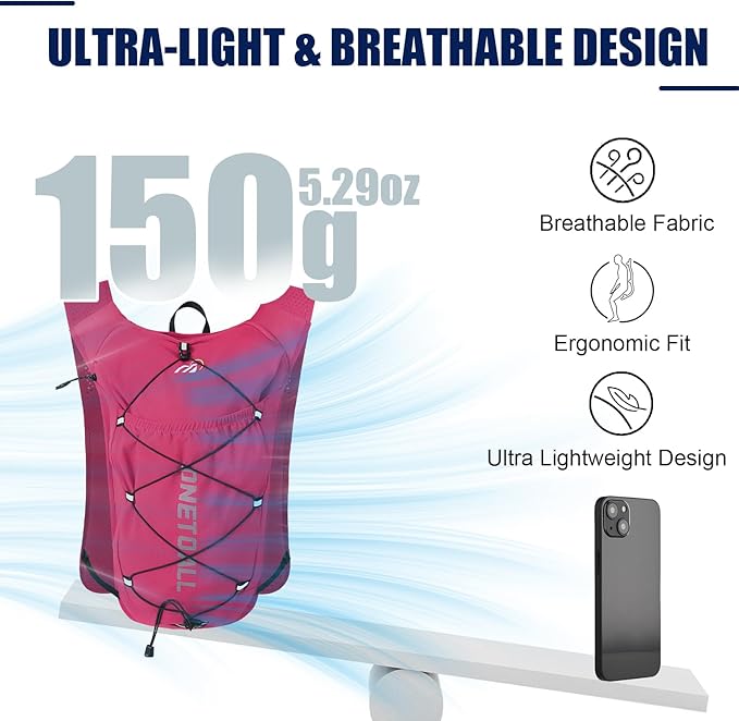 Running Vest for Women & Men, Lightweight 150g Hydration Backpack, 6L Pack for Trail Running, Marathon, Hiking, Cycling, Jogging, Adjustable Fit