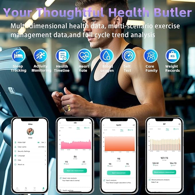 Health Fitness Tracker Ring for Women Men – Smart Ring with Heart Rate, SpO2, Blood Pressure, Sleep Monitoring with Charging Case,Remote Photography, Family Care, No Subscription Fee (Gold 11)