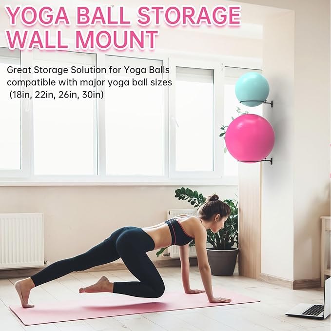 Universal Wall Mounted Yoga Ball Holder 12 Inch, Adjustable Metal Exercise Ball Storage Rack for 14-30 Inch Stability Balls, Stability Ball Holder for Home Gym/Garage (2pack)