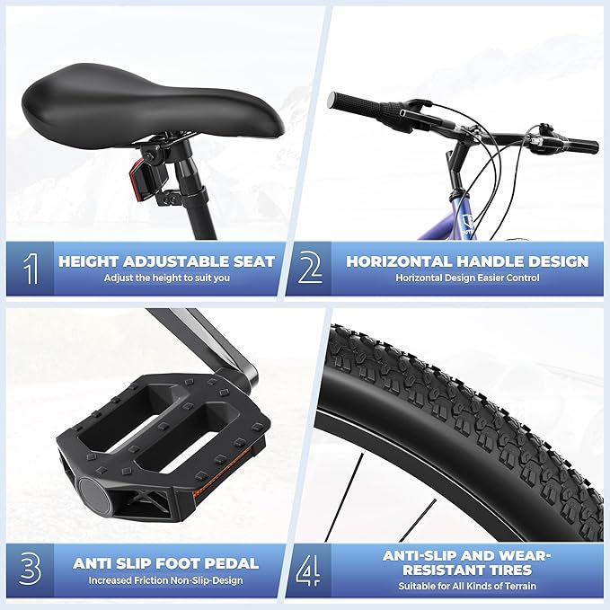 26 inch Mountain Bike with 7/21 Speeds Lightweight Cycling Bicycles, Dual Disc/V Brake,Metal Frame Bicycle for Men and Women, Adult Racing Bike, Road Bike(Blue/Grey/Black)