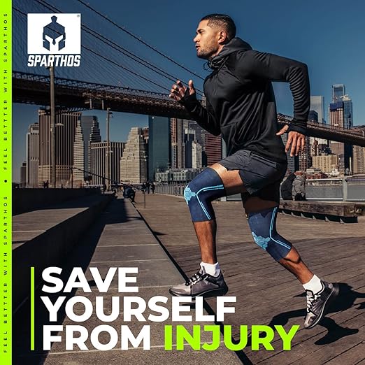 Sparthos Knee Compression Sleeves by (Pair) - Support for Sports, Running, Joint Pain Relief - Knee Brace for Men and Women - Elder ACL PCL Bursitis Meniscus Tear Patella and Runner Knee (Blue-L)