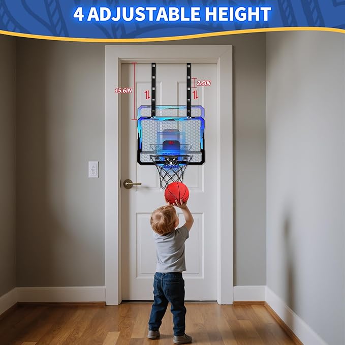 QDRAGON Indoor Basketball Hoop for Kids, Over The Door Mini Basketball Hoops with 7 LED Lighting, Basketball Toys Gifts for 5 6 7 8 9 10 11 12 Year Old Boys Girls Teens, Blue