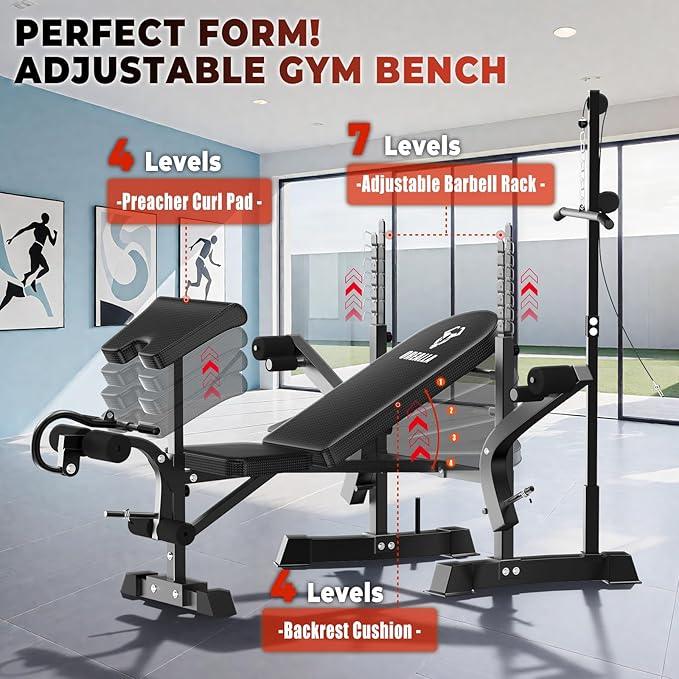 Adjustable Weight Bench Press Set - Full Body Strength Training Workout Bench, 8 in 1 Multi-Function Exercise Equipment with Leg Developer, Preacher Curl Pad, Chest Fly for Home Gym