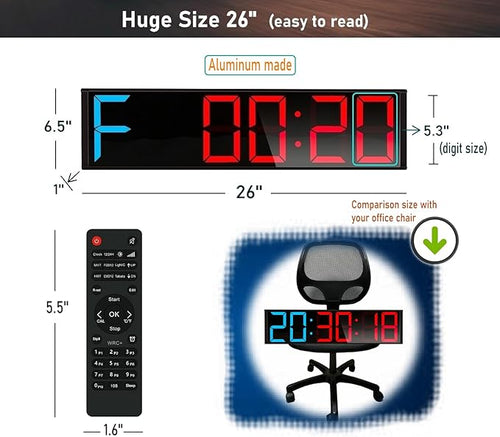 26'' Huge Home Gym Interval Workout Timer Clock, Digital Wall Clock with Seconds Countdown/up, Stopwatch, 8-Alarms, 7-Color Night Light for Tabata/HIIT/MIIT/EMOM/FGB/Boxing (Blue-Red)