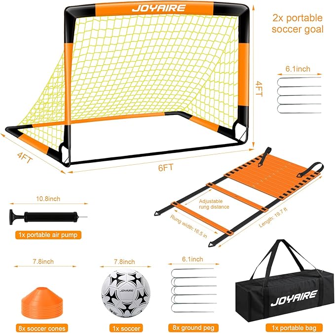 Kids Soccer Goals for Backyard Set, Portable Toddler Soccer Goal 2 of 6x4 ft, 4x3 ft, 7x5 ft, Soccer Training Equipment, Pop Up Soccer Net Kit with Size 4 Soccer Ball, Outdoor Sports Play, Youth Game