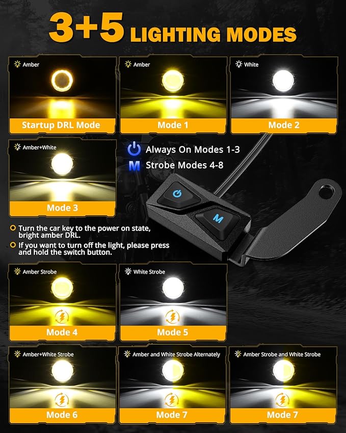 Auxbeam Motorcycle Auxiliary Lights Fog Lights LED Driving Light Spotlight with Halo DRL, White/Amber 8 Modes Dual-Color Strobe LED Offroad Work Lights for Motorcycle SUV ATV Trucks