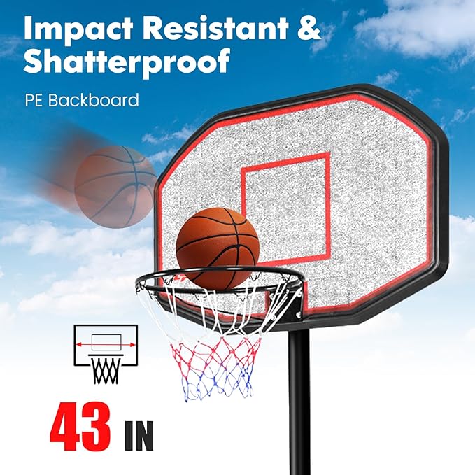 GYMAX Basketball Hoop, Outdoor 6.5FT-10FT Adjustable Basketball Goal with 43’’ Shatterproof Backboard & 18’’ Basket, All Weather Basketball Stand with Wheels, for Kids Youth Adult, Gym Driveway Court