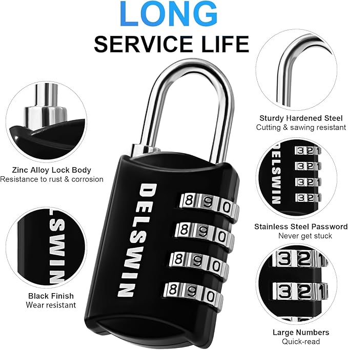 DELSWIN Small Combination Lock for Locker, 4-Digit Mini Combo Lock for Backpack and Luggage, Combination Padlock for School Gym Locker (Pack of 4)
