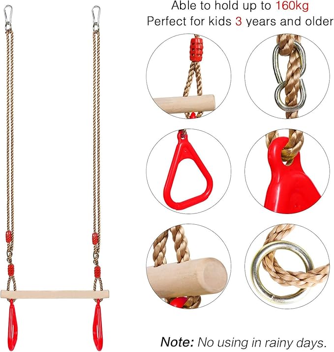 PELLOR Playground Children's Wooden Trapeze Swing Bar with Plastic Gym Rings Swing Set for Indoor & Outdoor Fun