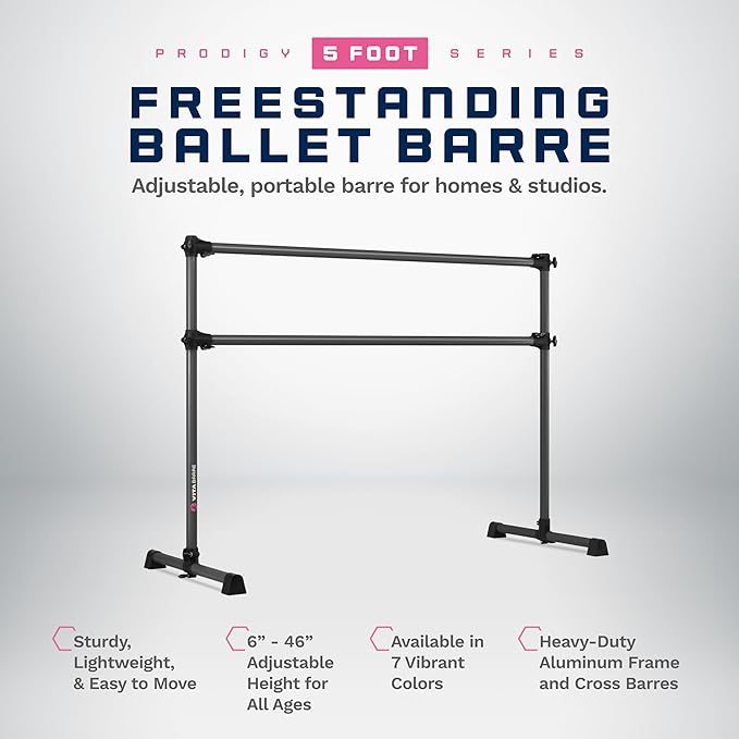 VITA Barre Portable Freestanding Double Ballet Barre, Prodigy, Aluminum | Adjustable Height, USA Made, Home or Gym Exercise Equipment for Kids & Adults | Dance, Fitness, Pilates
