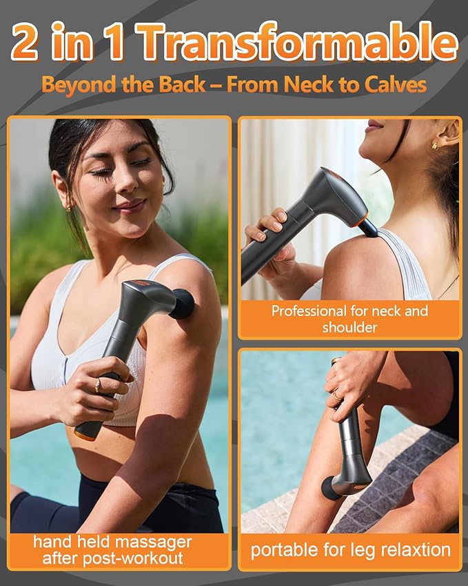 Convertible Massage Gun Deep Tissue for Back Neck Muscle Pain Relief - Electric Handheld Percussion Shoulder Massager Tool with Detachable Long Handle Portable Case