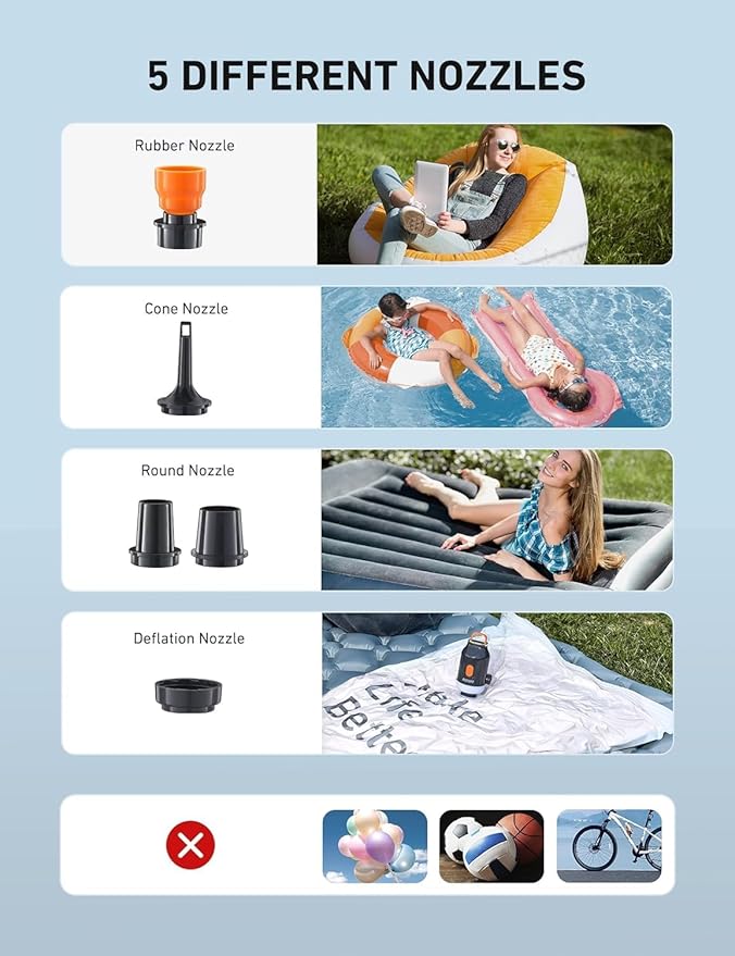 AstroAI Mini Air Pump for Inflatables with 3000mAh Battery Air Mattress Pump with Camping Lantern Electric Air Pump with 5 Nozzles Inflate & Deflate Air Mattress, Vacuum Storage Bags