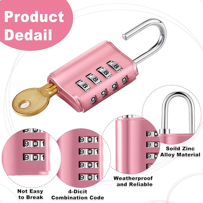 Kenning Combination Padlock 4 Digit Combination Lock with Keys Locker Resetable Security Outdoor Waterproof Gate Lock for School Sports Gym Locker Employee Fence Case (Pink,10 Pcs)