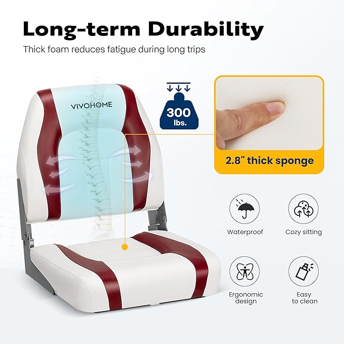 VIVOHOME Folding Low Back Boat Seats 2 Pack, Waterproof Boat Captain Chairs, 4 Mounting Screws Included, White and Red