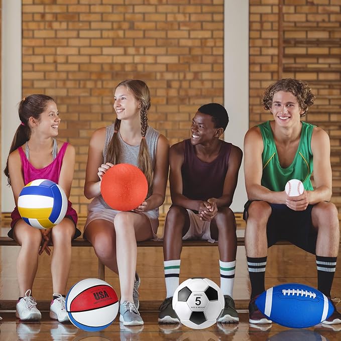 Libima 6 Pcs Multi Sport Ball Set Official Size Football, Basketball, Soccer, Volleyball, Playground Ball, Baseball with Sports Equipment Bag Pump for Teen Adult Back to School