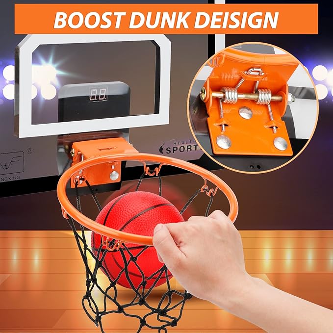 Pro Indoor Mini Basketball Hoop Set for Kids Adults, Over Door Automatic Scoring Basketball Hoop with 4 Rubber 6" Balls, Boost Wall Mount Basketball Hoops with Electronic Scoreboard Large Dunk Rim