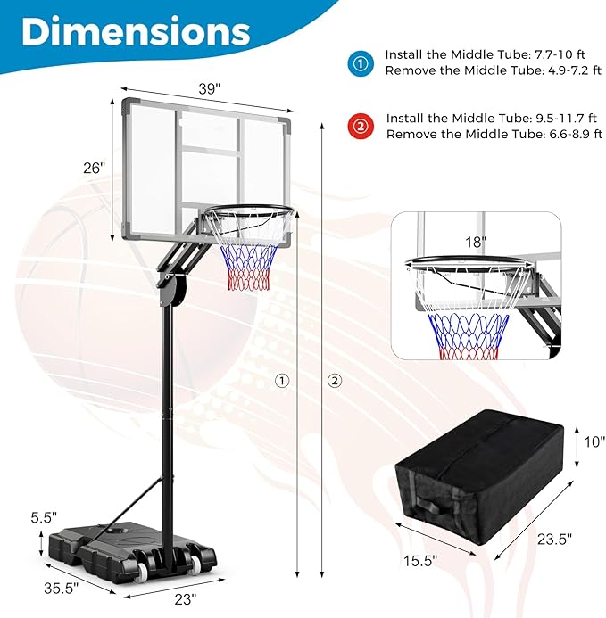 Goplus Basketball Hoop Outdoor, 4.9-10FT Height Adjustable Portable Basketball Stand System w/Shatterproof Backboard, 2 Wheels, Fillable Base, Free Weight Bag, Basketball Goal for Teens Youth Adults