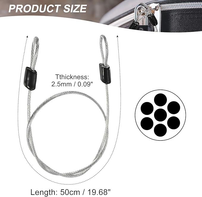 MECCANIXITY Security Steel Cable Lock, Safety Cable Flexible Wire Rope Luggage Lock 1.6feet 2.5mm Vinyl Coated Braided Steel with Double Loop for Bike Bicycle U-Lock Padlock Transparent