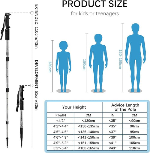 2 Pack Hiking Poles for Junior, Nordic Walking Trekking Pole Hiking Sticks Lightweight Collapsible & Shock-Absorbent Aluminum with Quick Adjustable Locks for Youth & Women