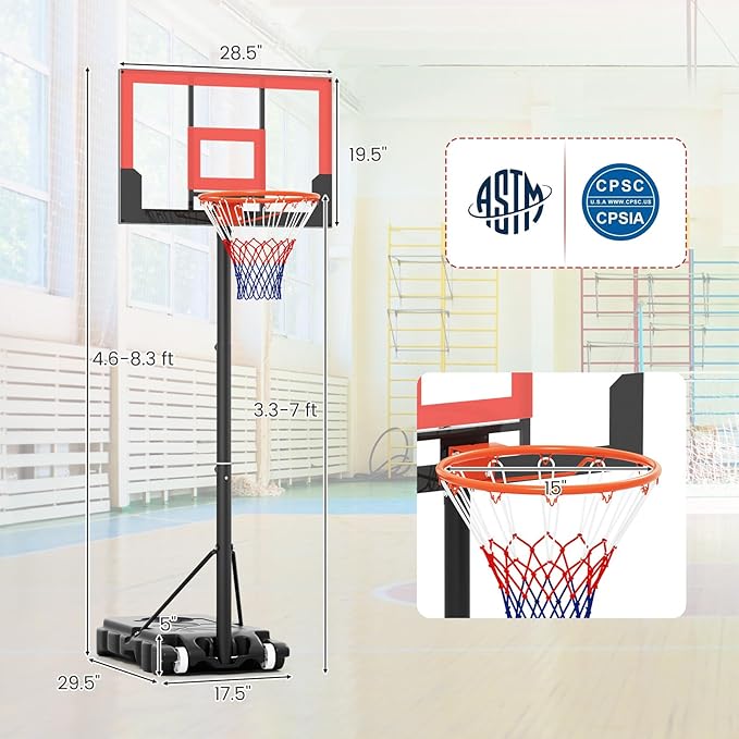 GYMAX Basketball Hoop Outdoor, 3.3-7/10 FT Adjustable Portable Basketball Goal with Wheels, PC Backboard, Fillable Base for Kids, Youth & Adults in Backyard, Driveway, Pool