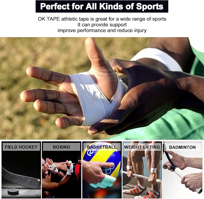 OK TAPE Athletic Sports Tape（4 Packs) - 45ft Per Roll Very Strong Tape for Athlete & Sport Trainers & First Aid Injury Wrap, Perfect for Fingers Ankles Wrist on Bat, Hockey Stick - White