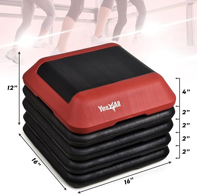 Yes4All 16"x16" Adjustable High Step Aerobic Platform with 4 Risers, Height-Adjustable 4"-6''-8''-10''-12" Step Aerobics Platform for Home Gym Exercise Fitness Workout