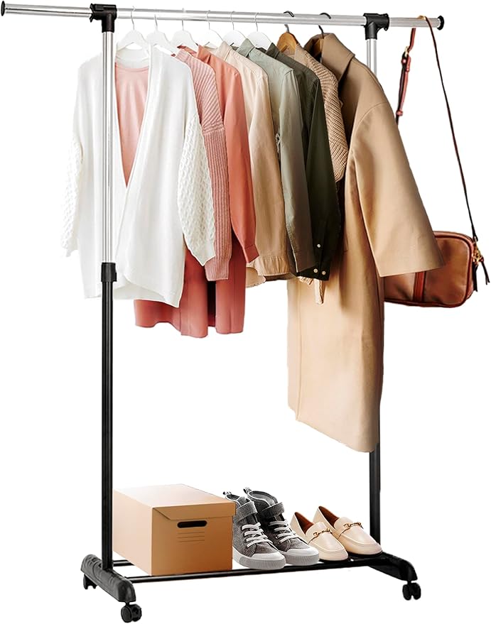 ikloo Clothing Rack with Wheels for Hanging Clothes | Extendable and Adjustable Garment Racks | Freestanding Rolling Closet Laundry Racks for Drying | Portable Clothes Organizer with Shelves | Chrome