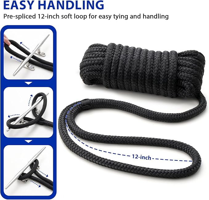Boat Dock Lines Marine Rope - 1/2" x 25ft with Pre-Spliced 12" Loop Double Braided Nylon Ropes Bumper Tie Mooring Line for Boats Docking Pontoon Boating Accessories - 2 Pack