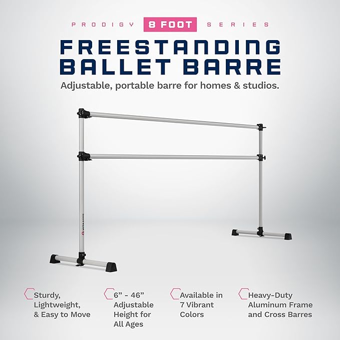 VITA Barre Portable Freestanding Double Ballet Barre, Prodigy, Aluminum | Adjustable Height, USA Made, Home or Gym Exercise Equipment for Kids & Adults | Dance, Fitness, Pilates