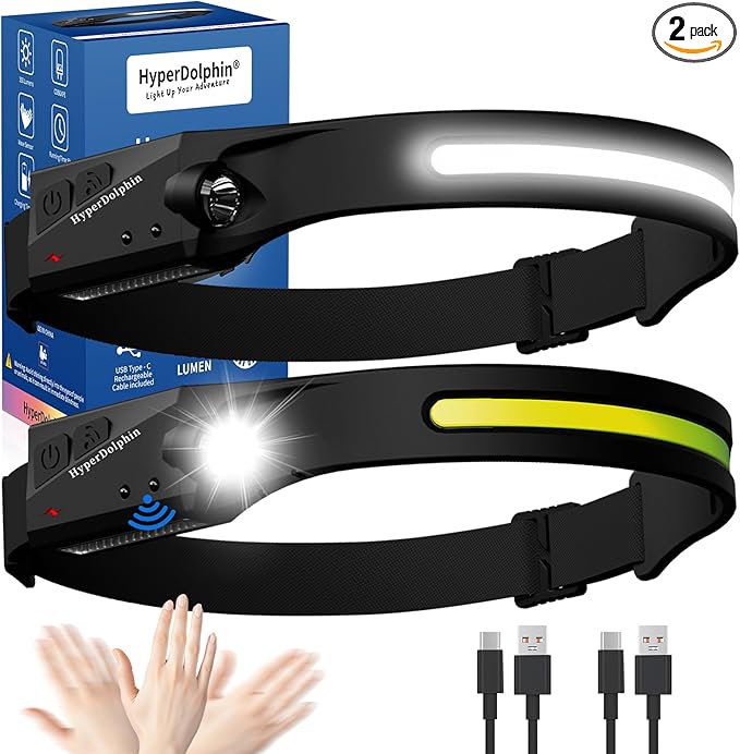 (2-Pack) Rechargeable LED Headlamp, 350 Lumens, Waterproof, 5 Lighting Modes Adjustable, Lightweight Design