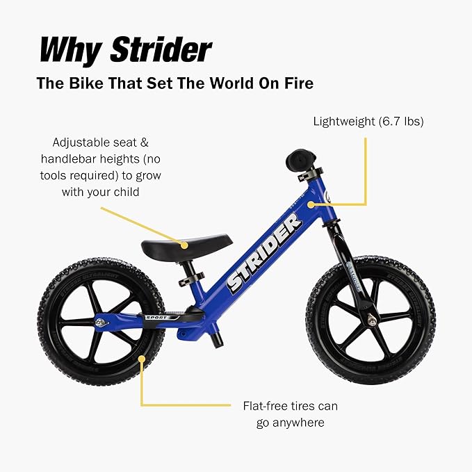 Strider 12” Sport Bike - No Pedal Balance Bicycle for Kids 1 to 4 Years - Includes Safety Pad, Padded Seat, Mini Grips & Flat-Free Tires - Tool-Free Assembly & Adjustments