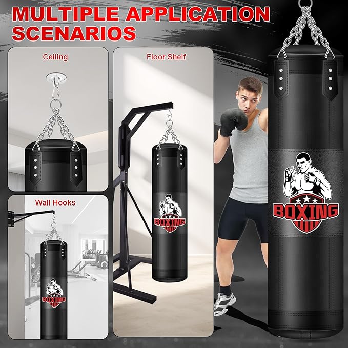 Punching Bag for Adults, 4FT PU Heavy Boxing Bags with Chain Ceiling Hook, Hanging Boxing Bag for Kickboxing Muay Thai Karate Judo Taekwondo Home Gym Training, Unfilled