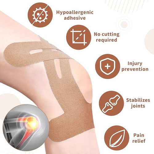 20PCS Kinesiology Tape for Knees, Kinesiology Tape Precut Strips for Knee Support & Stability, Waterproof Breathable Elastic Sports Tape for Pain Relief, Athletic Tape for Muscle & Joint, Beige