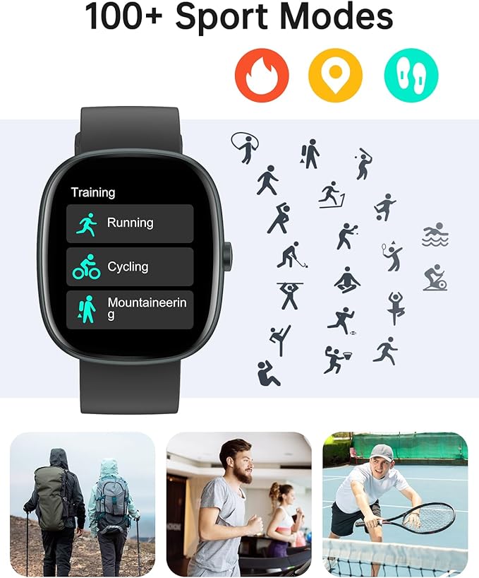 HUAKUA Smart Watches for Women Men (Answer/Make Calls), 1,85" HD Smart Watch for iPhone/Android Phones, Fitness Tracker with 100+ Sport Heart Rate/Sleep Monitor Pedometer IP68 Waterproof (Black)