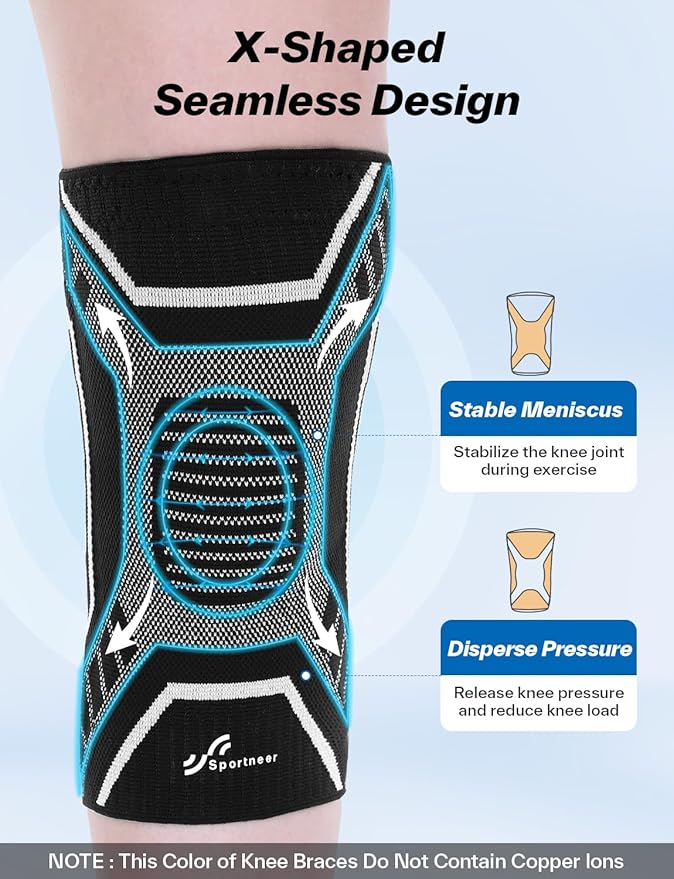 Copper Knee Brace for Men & Women - Knee Compression Sleeve with Side Stabilizers - Knee Support for Running, Hiking, Working, Basketball, Volleyball, Gym, Meniscus Tear, ACL, Arthritis Knee Pain Relief, A Pair (Black-No Copper(a pair), Medium(16"-18.5"))