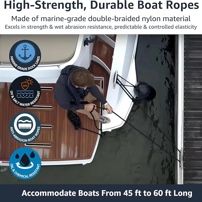 2 Pack 3/4" x 35' Dock Lines - Marine Grade Nylon Boat Rope with 18" Loop for Docking and Mooring - Double Braided Boat Lines, High Strength, Easy Handling, Heavy Duty, Fray Resistant - Black