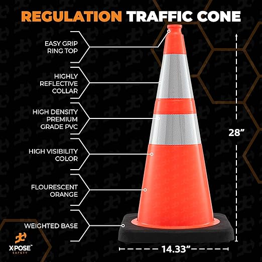 Xpose Safety 28 Inch Orange Traffic Cones Heavy Duty 10lb with 6" & 4" Collars, 6 Pack - Multipurpose PVC Plastic Safety Cone for Parking, Soccer, Caution, Kids and Construction - DOT Approved