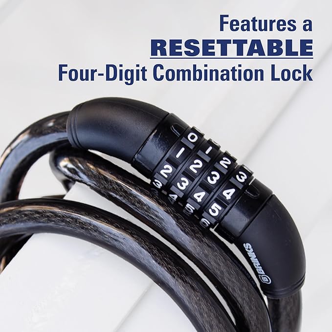 BRINKS 6 ft Outdoor Bike Lock Cable, Anti Theft Self-Coiling Design, Resettable 4-Dial Combination, 5/16" Weather-Resistant Vinyl Coating for Bikes
