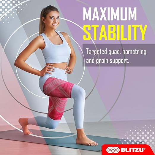 BLITZU Hamstring Compression Sleeve, Thigh Compression Sleeve for Women and Men, Upper Leg Brace for Groin, Sciatica & Quad Tendonitis, Wrap Support for Recovery, Running, Sports and Workout Pink M
