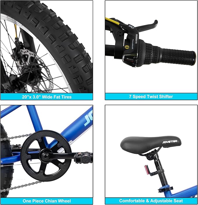 JOYSTAR 20 Inch Mountain Bike for Kids Ages 7-12 Year Old, 3-Inch Wide Knobby Tires, 7 Speed Shimano Drivetrain, Disc Brakes, Fat Tire Kids Bicycles for Boys Girls