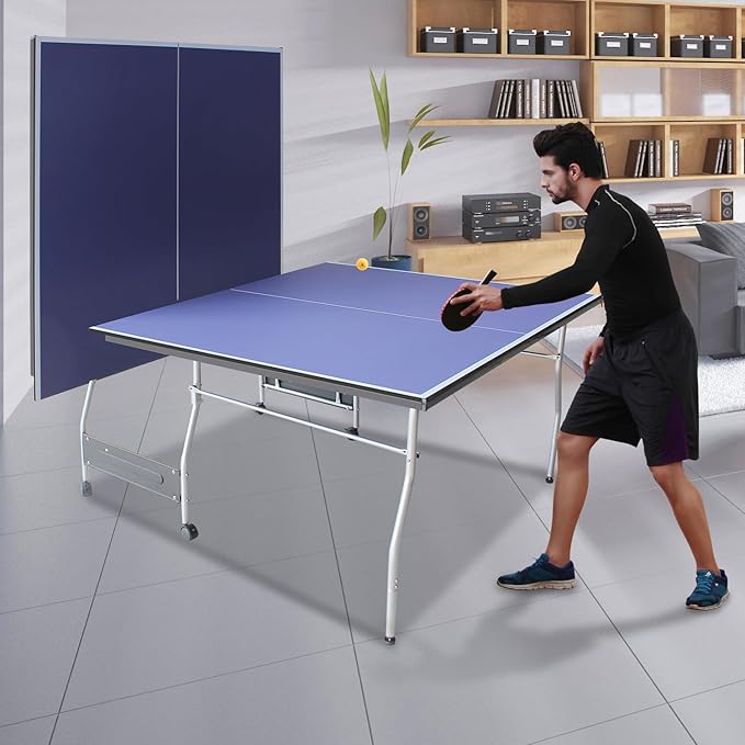 Professional Table Tennis Table, Foldable Ping Pong Game Set for Indoor, 8FT 9FT Single Player Playback Mode Ping Pong Table with Net and Post Set, 2 Paddles and 3 Balls