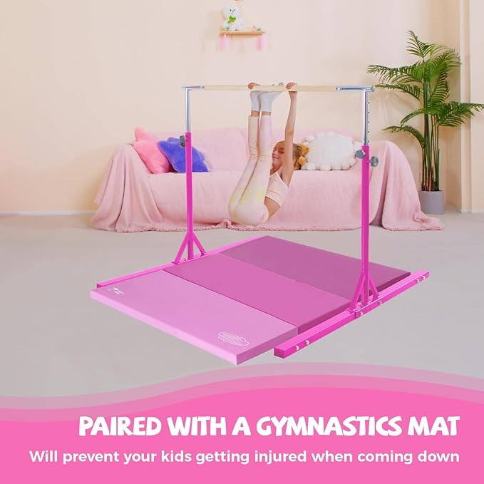 Kangaroo Hoppers Gymnastics Bar with Mat for Kids 3-15, Adjustable 35.4"-57.1" Gymnastics Horizontal Bars with Steel Frame at Home/Indoor Training, 260LBS (Pink)
