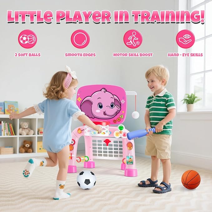 Toddler Basketball Hoop & Soccer Goal Tball Set, Kids Sport Toys with Light & Sound, Musical Activity Center Toys for 1 2 3 Years Old Girls, Christmas Birthday Gifts for Baby 12-18 Months