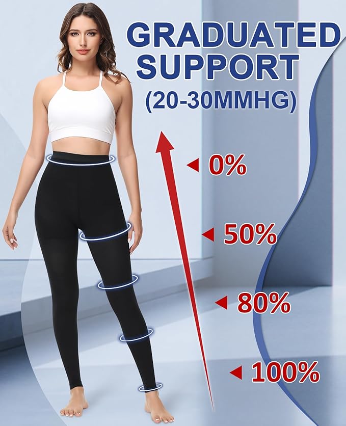 Medical Compression Pantyhose for Women & Men, 20-30mmHg Graduated Support Tights, Opaque Footless Waist High Compression Stockings for Varicose Veins, Edema, Flight
