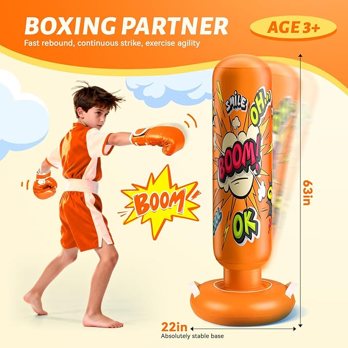 Inflatable Punching Bag for Kids 3-12, Boxing Equipment for Kids and Adults, Christmas, Birthday Gifts, Punching Bag Practice Karate, Taekwondo