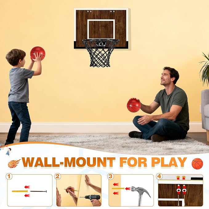 Indoor Mini Basketball Hoop Set – Over The Door with Wood Backboard & Iron Rim – Includes 2 Balls & Air Pump – Anti-Shock Padding – 16"x12"x3"